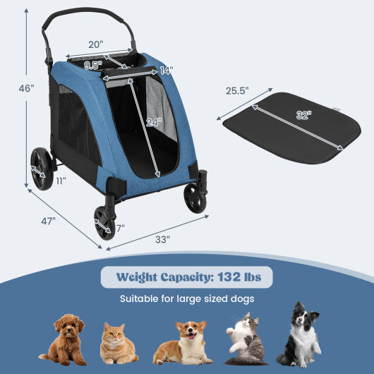 4 Wheels Extra Large Dog Stroller Foldable Pet Stroller with Dual Entry-Blue