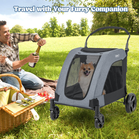 4 Wheels Extra Large Dog Stroller Foldable Pet Stroller with Dual Entry-Blue
