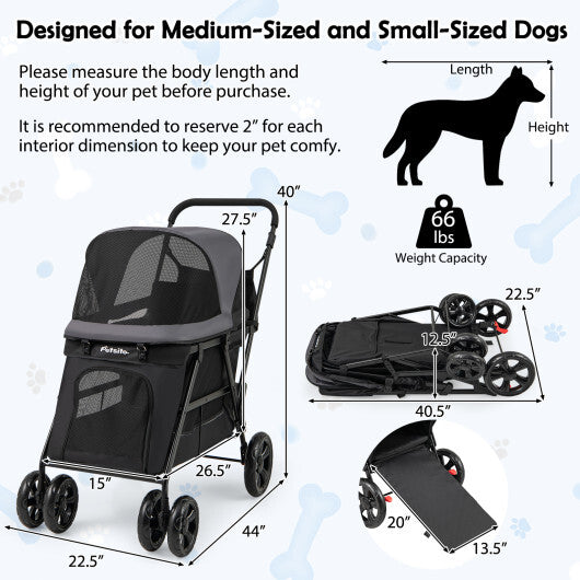Dog Stroller for Medium Small Senior Elderly Dogs with Dual Entry-Black W2B