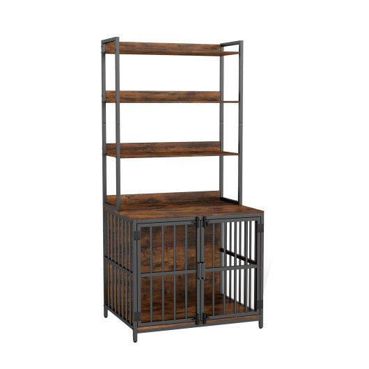 Wooden Dog Crate Furniture with Storage Shelves and Double Doors-Rustic Brown