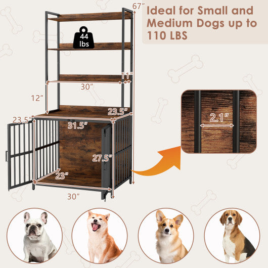 Wooden Dog Crate Furniture with Storage Shelves and Double Doors-Rustic Brown