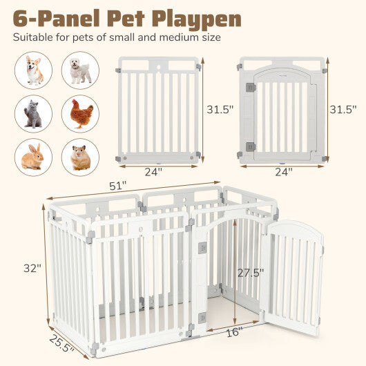 6-Panel Tall Dog Playpen Foldable Pet Fence with Locking Door-White W2B