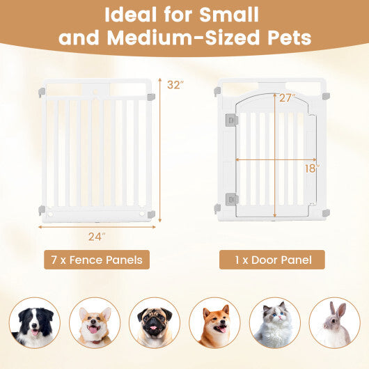 8-Panel Tall Plastic Dog Fence Indoor Outdoor Puppy Pen with Locking Door-White W2B