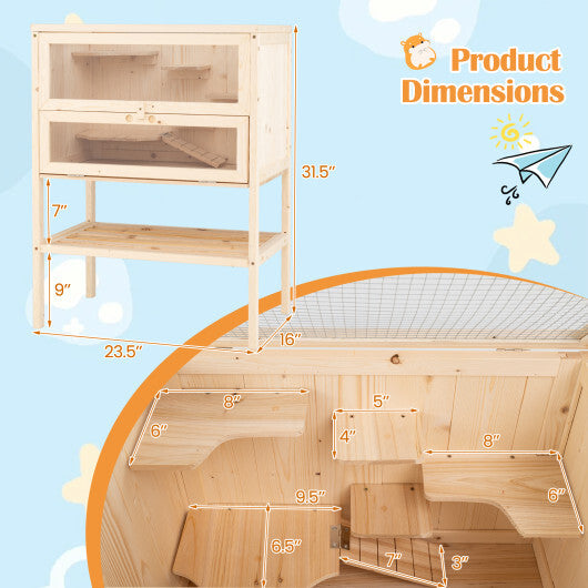 31.5 Inches Freestanding Hamster Cage Wooden Hamster Habitat Playpen-Natural