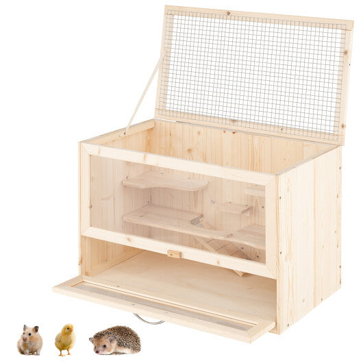 Wooden Hamster Cage with Mesh Flip Roof-Natural