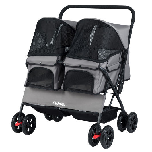 Foldable Double Pet Stroller with Adjustable Sunshade and Storage Basket-Gray W2B