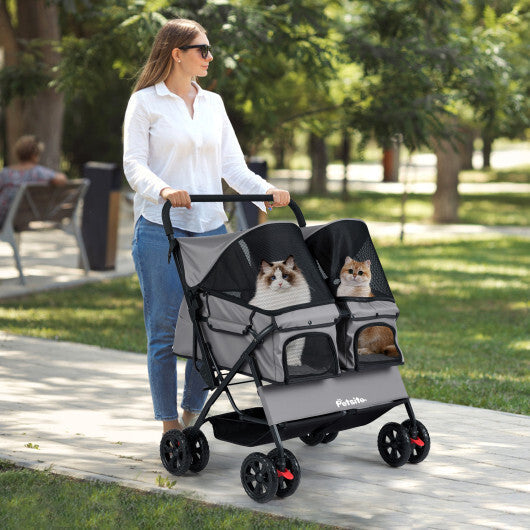 Foldable Double Pet Stroller with Adjustable Sunshade and Storage Basket-Gray W2B