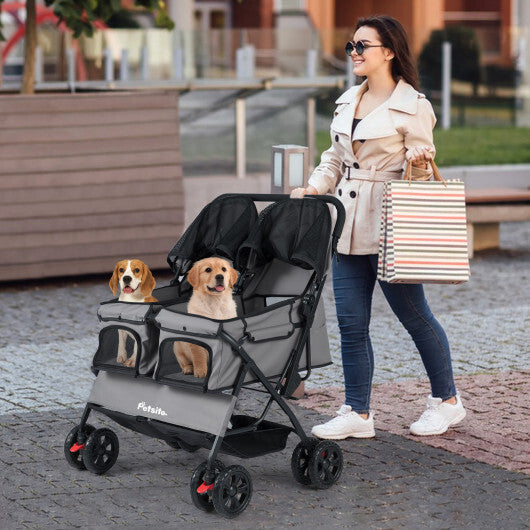 Foldable Double Pet Stroller with Adjustable Sunshade and Storage Basket-Gray W2B