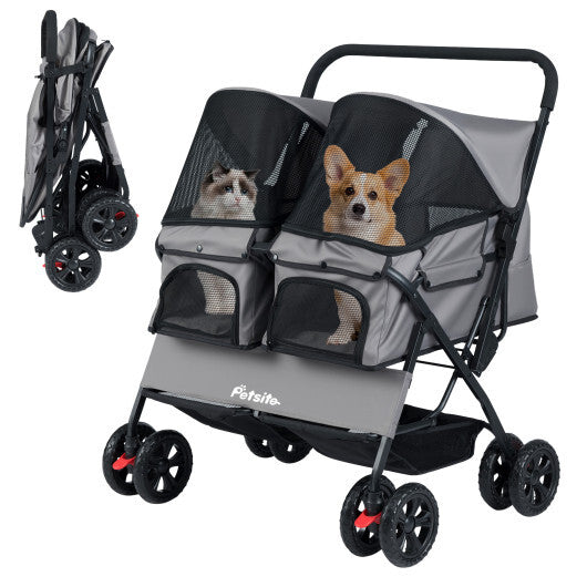 Foldable Double Pet Stroller with Adjustable Sunshade and Storage Basket-Gray W2B