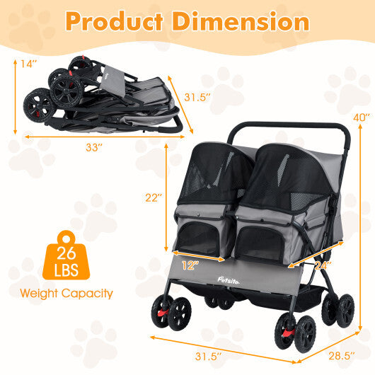 Foldable Double Pet Stroller with Adjustable Sunshade and Storage Basket-Gray W2B