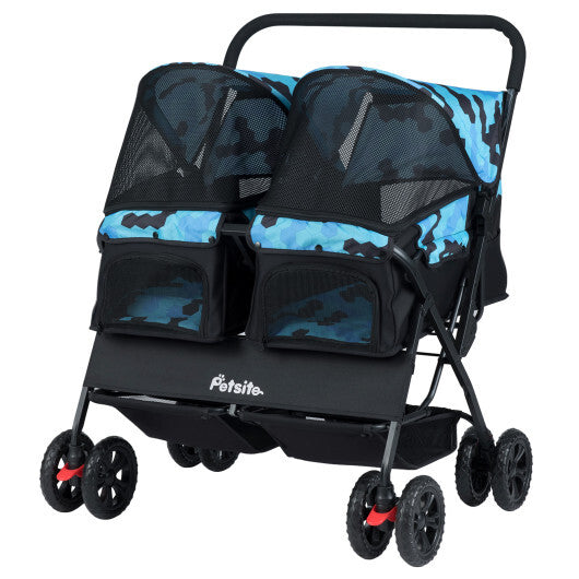 Foldable Double Pet Stroller with Adjustable Sunshade and Storage Basket-Gray W2B