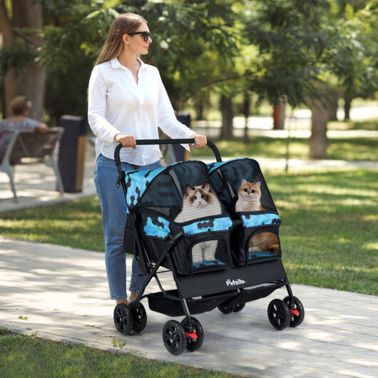 Foldable Double Pet Stroller with Adjustable Sunshade and Storage Basket-Gray W2B