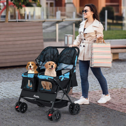 Foldable Double Pet Stroller with Adjustable Sunshade and Storage Basket-Gray W2B