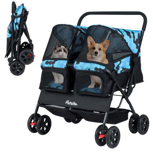 Foldable Double Pet Stroller with Adjustable Sunshade and Storage Basket-Gray W2B