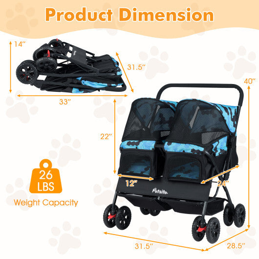 Foldable Double Pet Stroller with Adjustable Sunshade and Storage Basket-Gray W2B