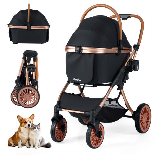 3-in-1 Foldable Pet Stroller with  Sun Shade and Safety Belt for up to 55 lbs Small Medium Dogs Cats-Black