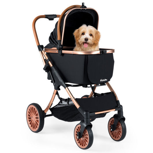 3-in-1 Foldable Pet Stroller with  Sun Shade and Safety Belt for up to 55 lbs Small Medium Dogs Cats-Black