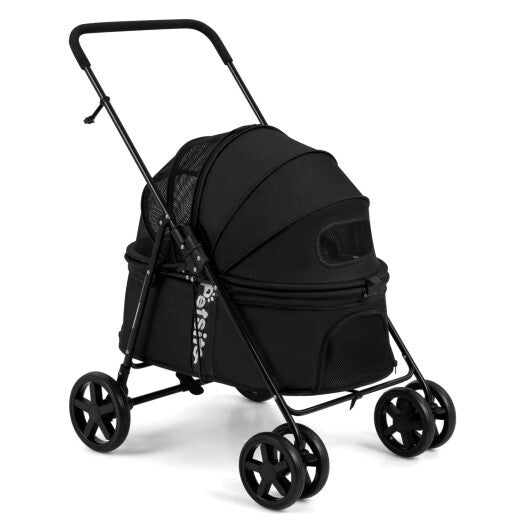 Pet Stroller for Small Medium Dogs Foldable with One-Step Rear Brake and Canopy-Black W2B