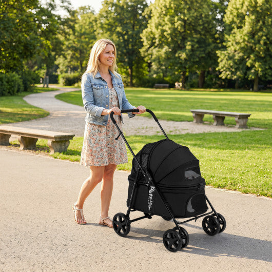Pet Stroller for Small Medium Dogs Foldable with One-Step Rear Brake and Canopy-Black W2B