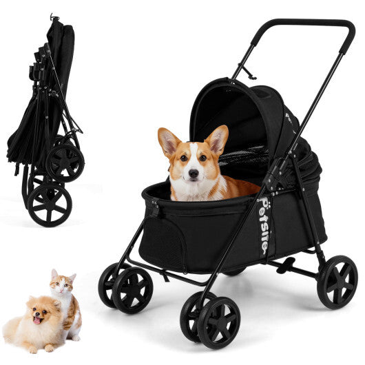 Pet Stroller for Small Medium Dogs Foldable with One-Step Rear Brake and Canopy-Black W2B