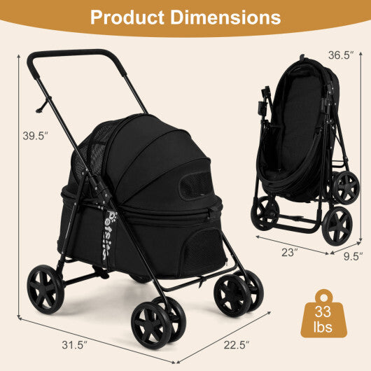 Pet Stroller for Small Medium Dogs Foldable with One-Step Rear Brake and Canopy-Black W2B