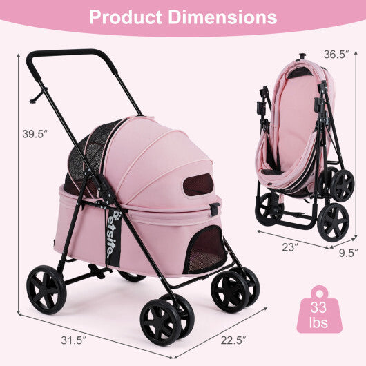 Pet Stroller for Small Medium Dogs Foldable with One-Step Rear Brake and Canopy-Black W2B