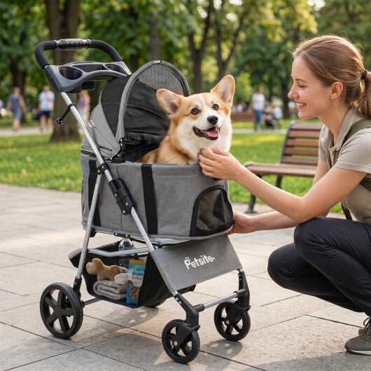 3-in-1 Pet Stroller for Small Medium Dogs Foldable with Detachable Carrier-Gray W2B