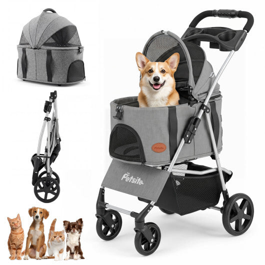 3-in-1 Pet Stroller for Small Medium Dogs Foldable with Detachable Carrier-Gray W2B
