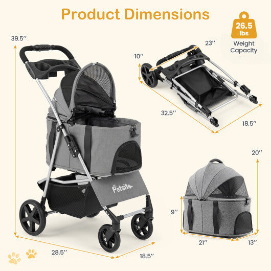 3-in-1 Pet Stroller for Small Medium Dogs Foldable with Detachable Carrier-Gray W2B