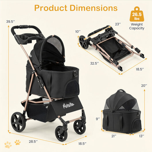 3-in-1 Pet Stroller for Small Medium Dogs Foldable with Detachable Carrier-Gray W2B