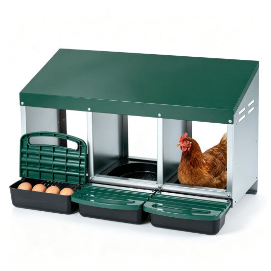 3-Compartment Roll Away Metal Chicken Nesting Box for Hens-Green W2B