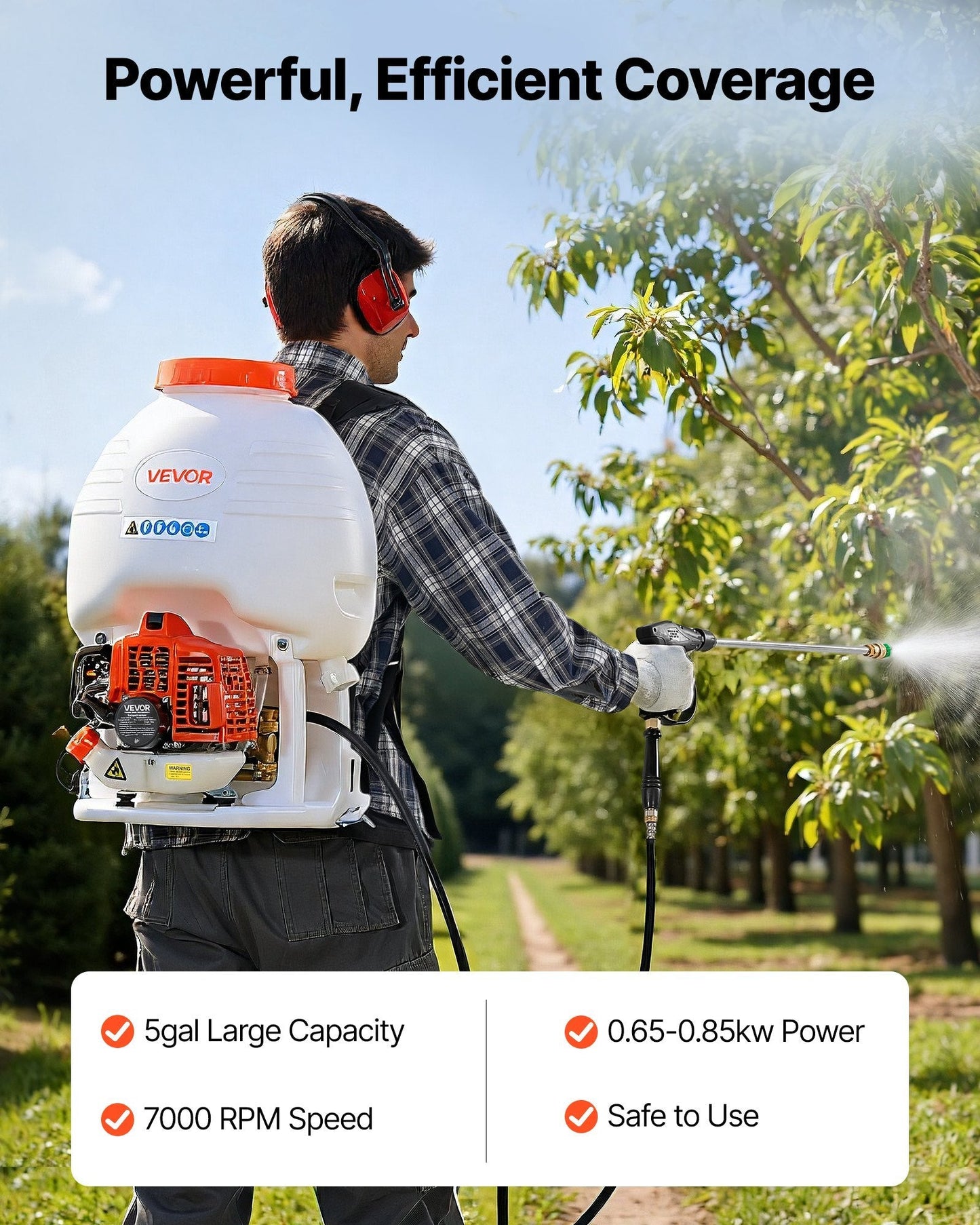 Gas Powered Backpack Sprayer, 26.5CC 0.9HP Engine, Garden Sprayer with 5 Gallon Tank, Large Area Coverage, Lawn Spraying Machine with 24 in Wand & Nozzles for Efficient Gardening & Farming W2B