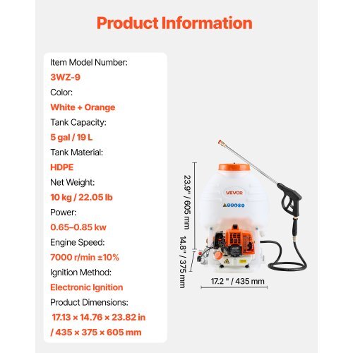 Gas Powered Backpack Sprayer, 26.5CC 0.9HP Engine, Garden Sprayer with 5 Gallon Tank, Large Area Coverage, Lawn Spraying Machine with 24 in Wand & Nozzles for Efficient Gardening & Farming W2B