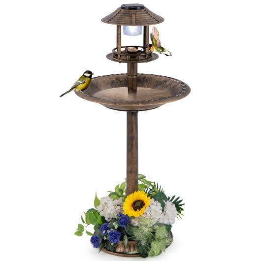 Pedestal Bird Bath with Solar Light with Bird Feeder and Flower Planter-Bronze