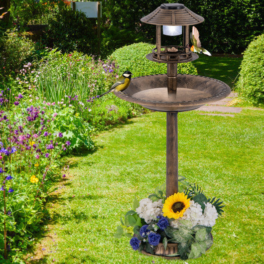 Pedestal Bird Bath with Solar Light with Bird Feeder and Flower Planter-Bronze W2B