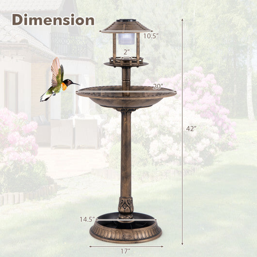 Pedestal Bird Bath with Solar Light with Bird Feeder and Flower Planter-Bronze W2B