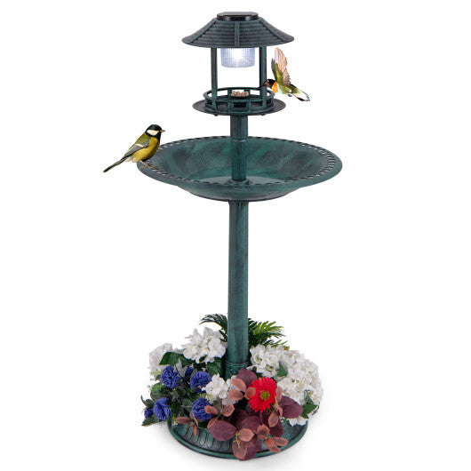 Pedestal Bird Bath with Solar Light with Bird Feeder and Flower Planter-Bronze W2B