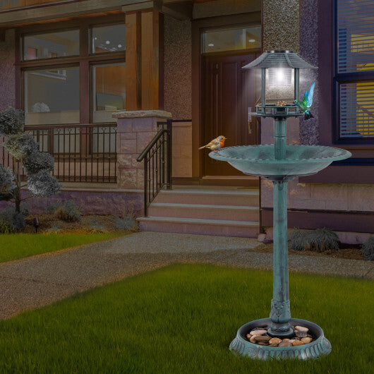 Pedestal Bird Bath with Solar Light with Bird Feeder and Flower Planter-Bronze W2B