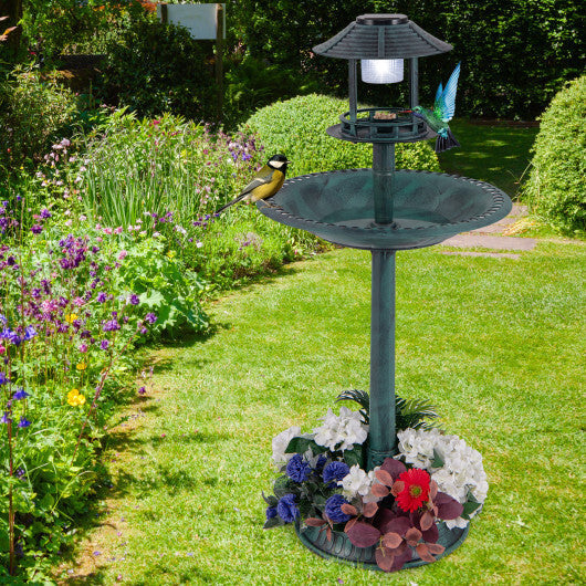 Pedestal Bird Bath with Solar Light with Bird Feeder and Flower Planter-Bronze W2B