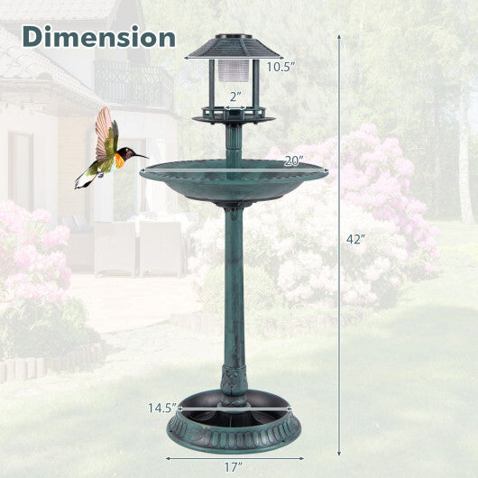 Pedestal Bird Bath with Solar Light with Bird Feeder and Flower Planter-Bronze W2B