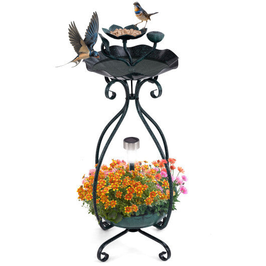 Solar Outdoor Bird Bath Feeder Combo with Flower Planter Pedestal and Solar Lights-Copper