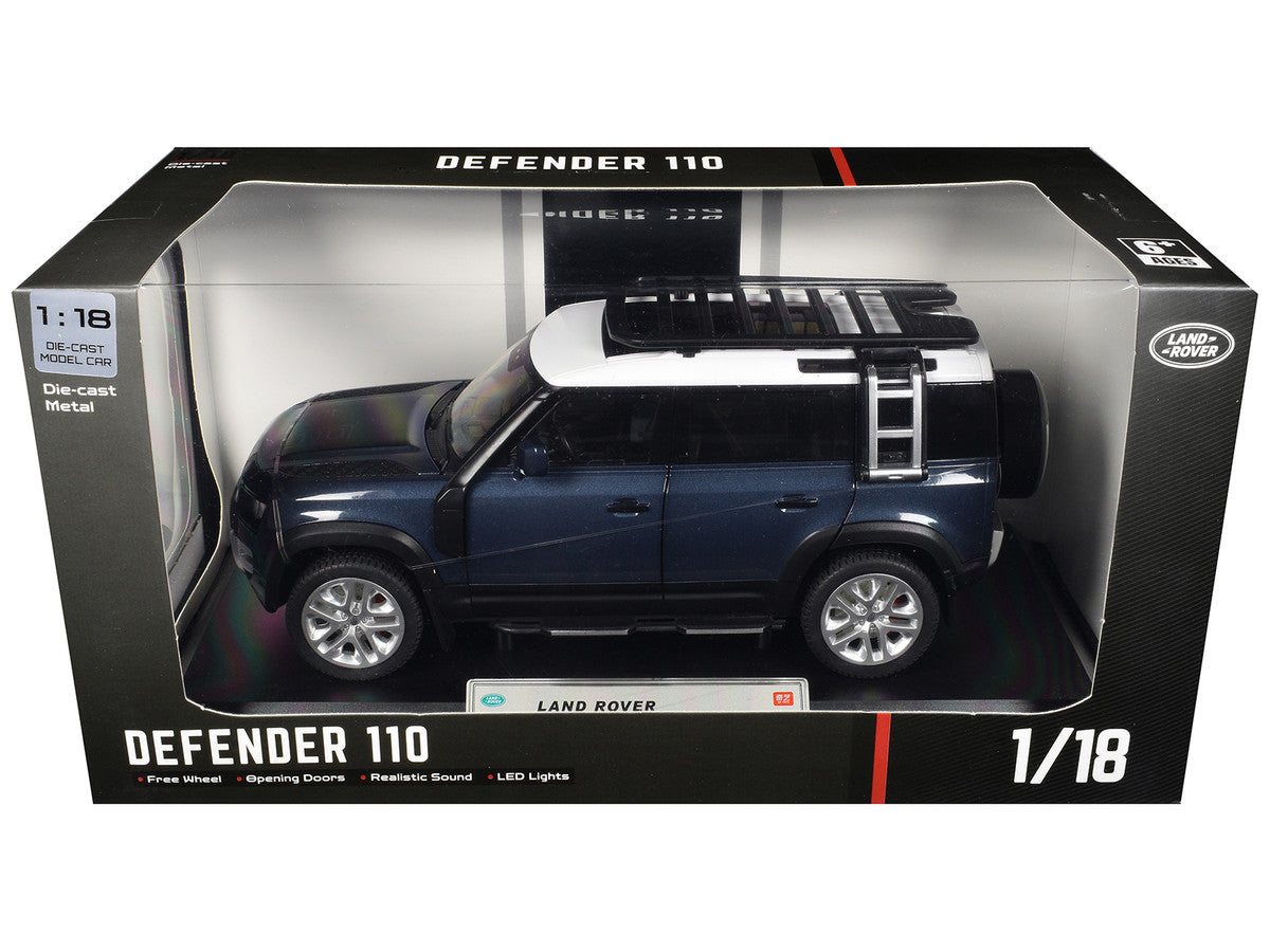 Land Rover Defender 110 Blue Metallic with White Top and Roof Rack 1/18 Diecast Model Car by Heimanba Heimanba