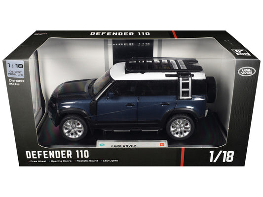 Land Rover Defender 110 Blue Metallic with White Top and Roof Rack 1/18 Diecast Model Car by Heimanba Heimanba