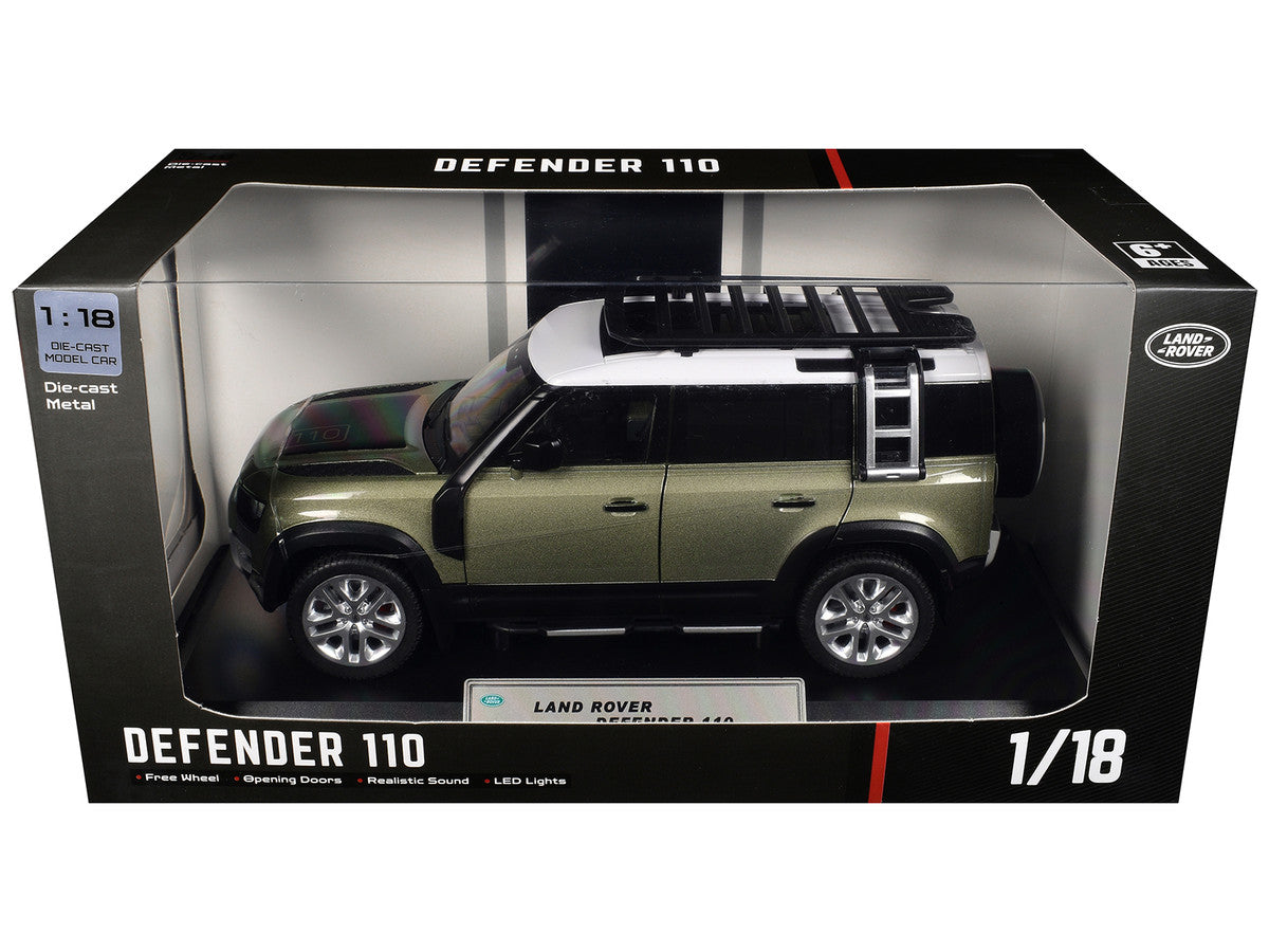 Land Rover Defender 110 Green Metallic with White Top and Roof Rack 1/18 Diecast Model Car by Heimanba Heimanba
