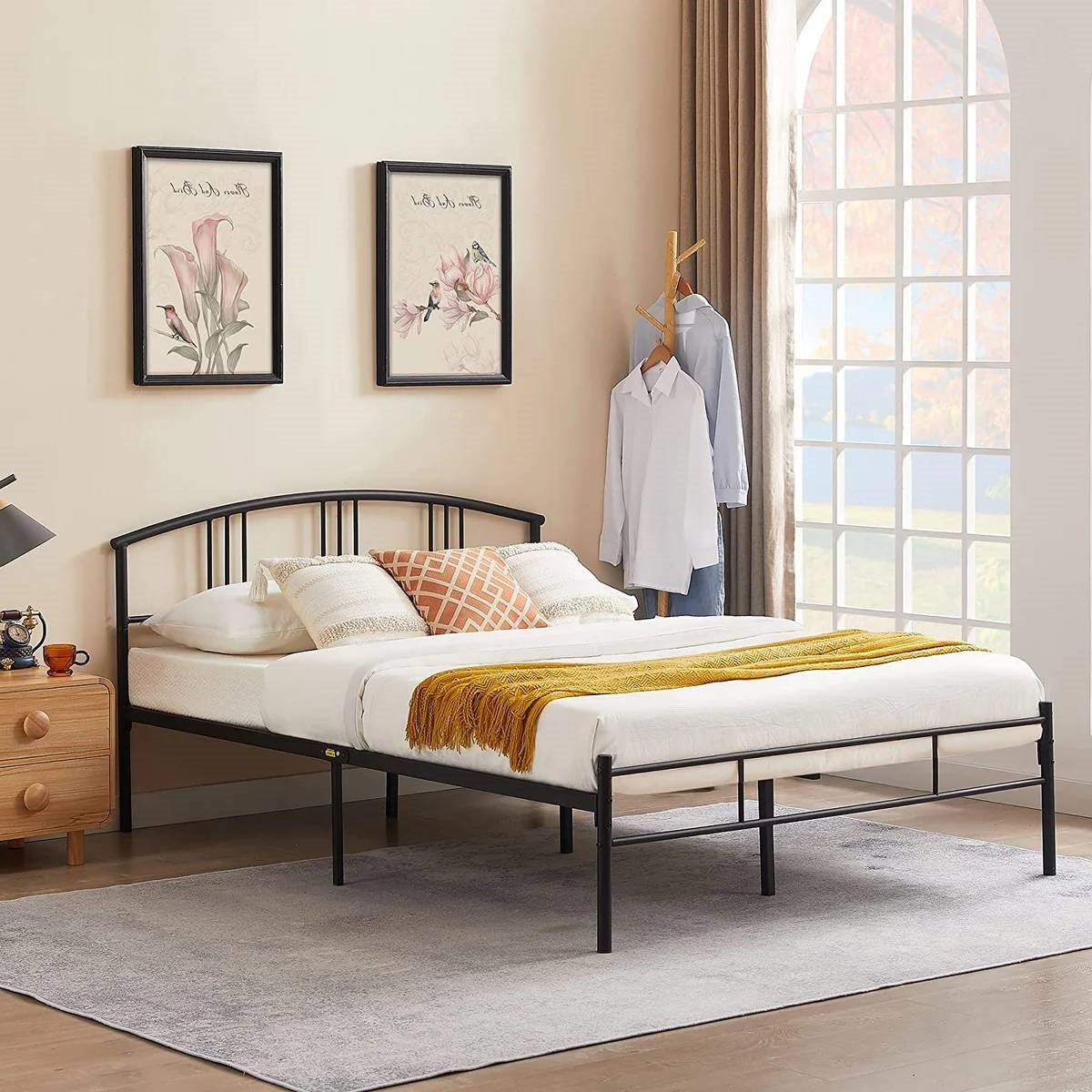 Queen size Black Metal Platform Bed Frame with Arched Headboard FastFurnishings