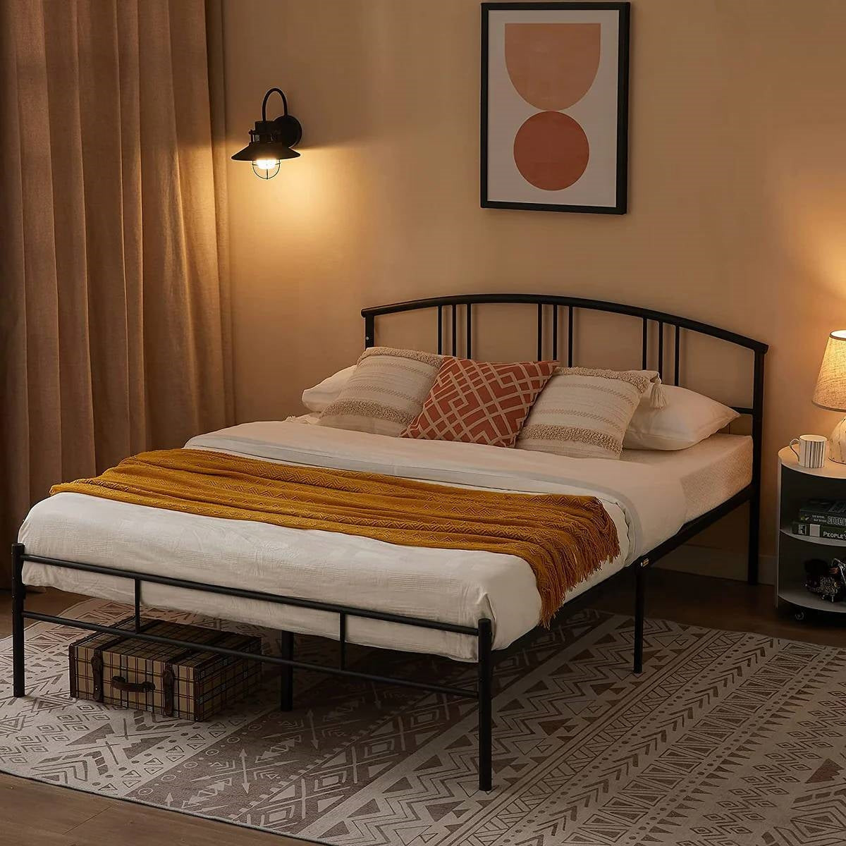 Queen size Black Metal Platform Bed Frame with Arched Headboard FastFurnishings