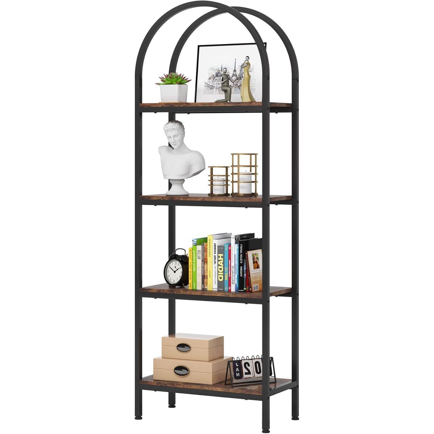 Modern Industrial Metal Wood Display Rack Bookcase with 4 Storage Shelves FastFurnishings
