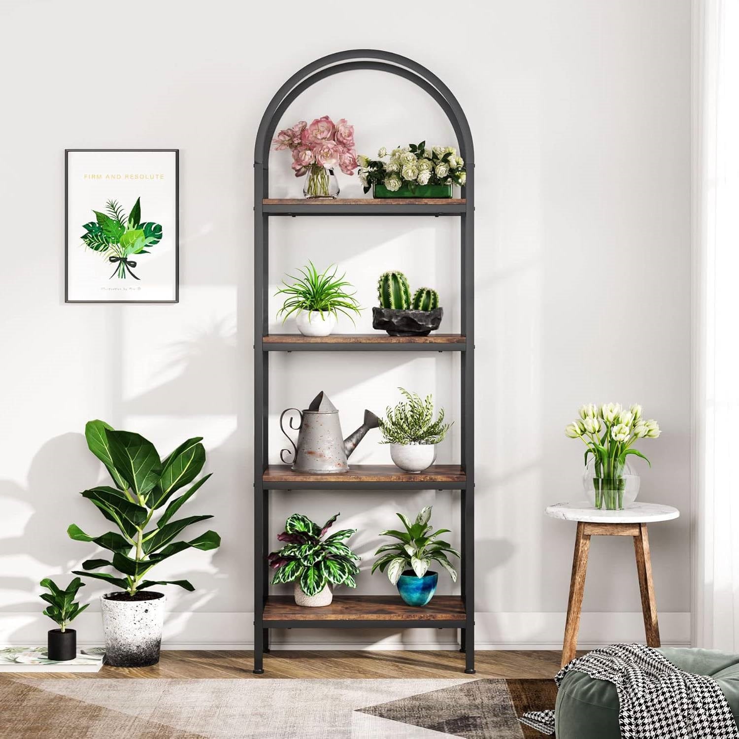 Modern Industrial Metal Wood Display Rack Bookcase with 4 Storage Shelves FastFurnishings
