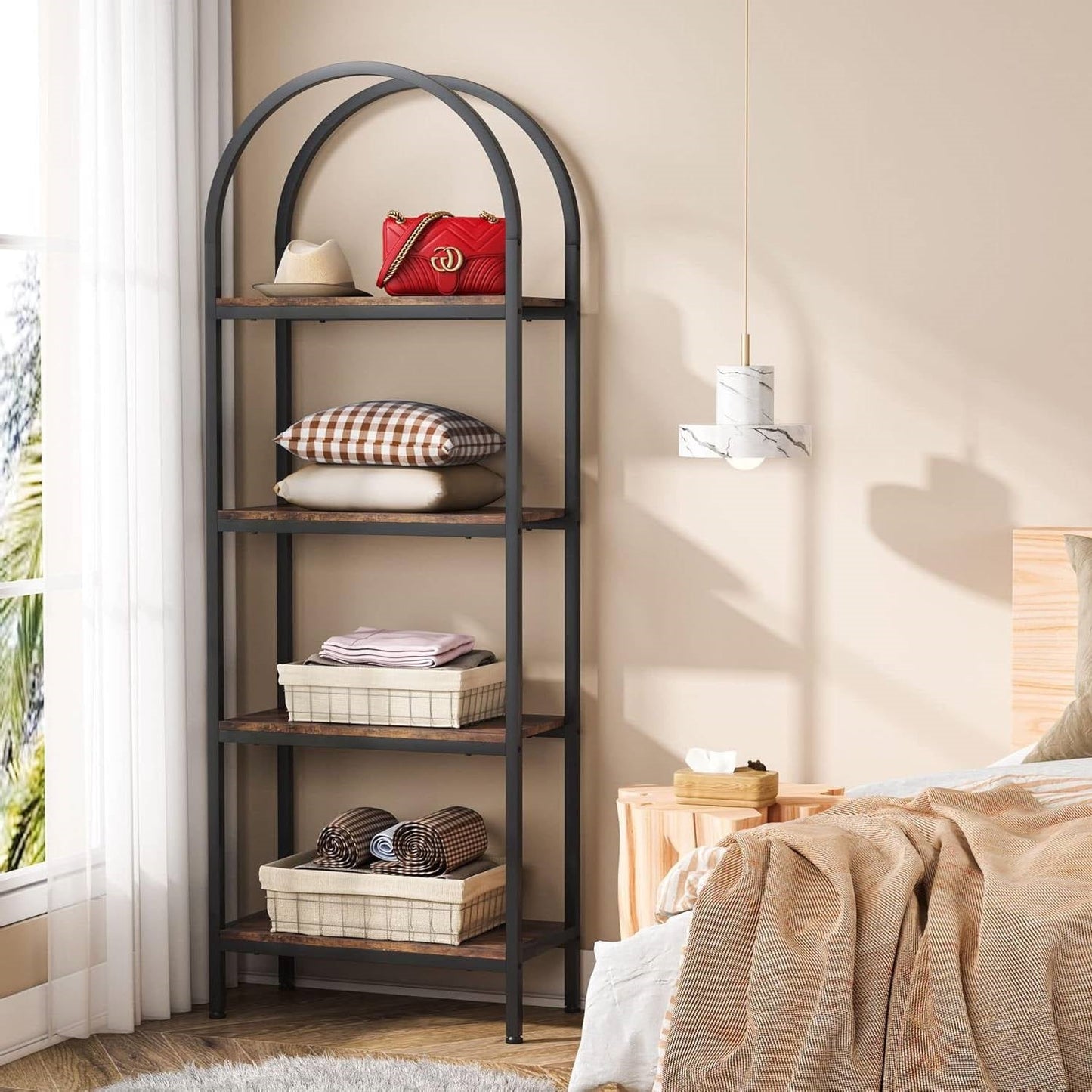 Modern Industrial Metal Wood Display Rack Bookcase with 4 Storage Shelves FastFurnishings