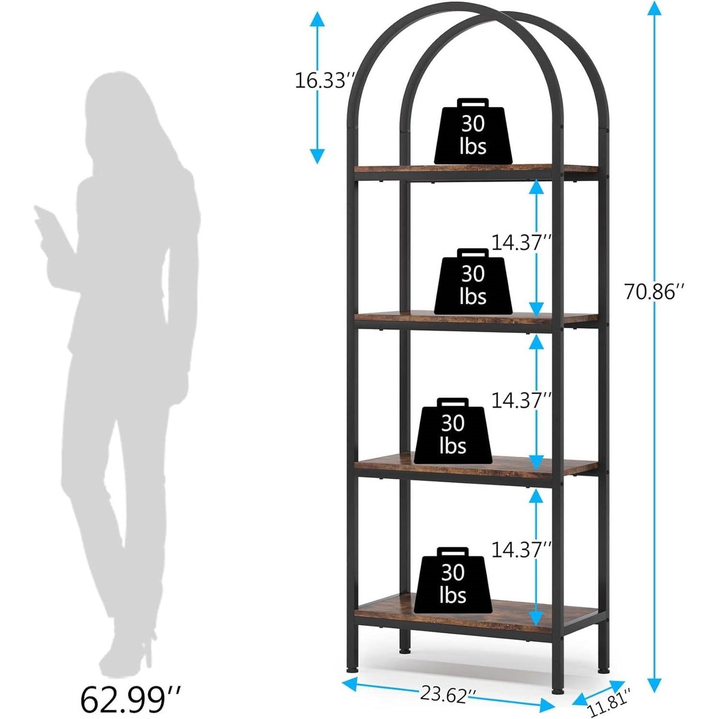 Modern Industrial Metal Wood Display Rack Bookcase with 4 Storage Shelves FastFurnishings